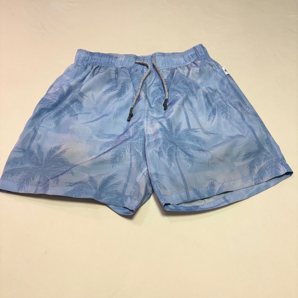 Vintage Summer Mens Blue Palm Tree Tropical Swim Trunks Shorts Size Small